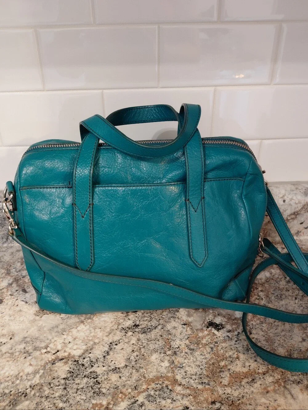 Fossil Teal Leather Satchel Bag Purse With Removable Strap